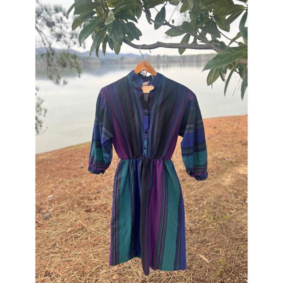 Vintage Straight Line Striped Knee Length Cotton Dress Size 10 - Picture 1 of 10